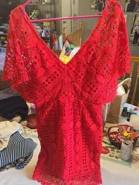 Lulu's Red Crochet Lace Dress with V-Neck Detail